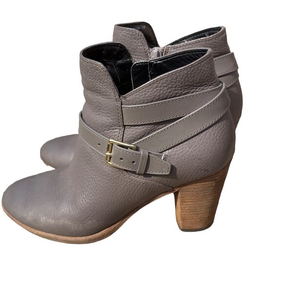 Women's Gray Leather Ankle Boots With Buckle & Zipper Closure Stacked Heel - Picture 5 of 8